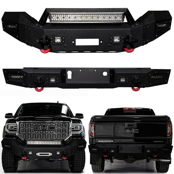 Vijay Compatible with 2016-2017-2018 GMC Sierra 1500 Front and Rear Bumper Textured Steel with Light and D-rings