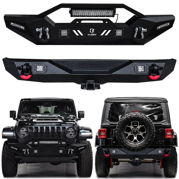 Vijay Front and Rear Bumper Compatible with 2007-2017 Jeep Wrangler JK/JKU Steel Textured Black with LED Lights and D-Rings