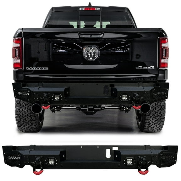 Vijay Compatible with 2019-2020-2021-2022-2023-2024 Dodge RAM 1500 Rear Bumper Textured Black Steel with Light and D-rings