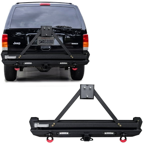Vijay Rear Bumper for 1984-2001 Jeep Cherokee XJ with Spare Tire Rack and LED Lights and D-Rings