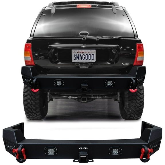 Vijay Compatible with 1999-2000-2001-2002-2003-2004 Jeep Grand Cherokee WJ Rear Bumper Textured Black Steel with Lights and D-rings
