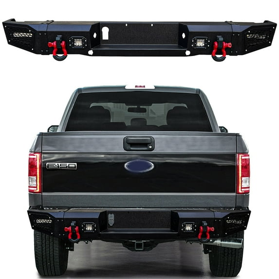 Vijay Rear Bumper for 2006-2014 Ford F150 Black Texture Steel with Aluminum LED Lights and D-Rings