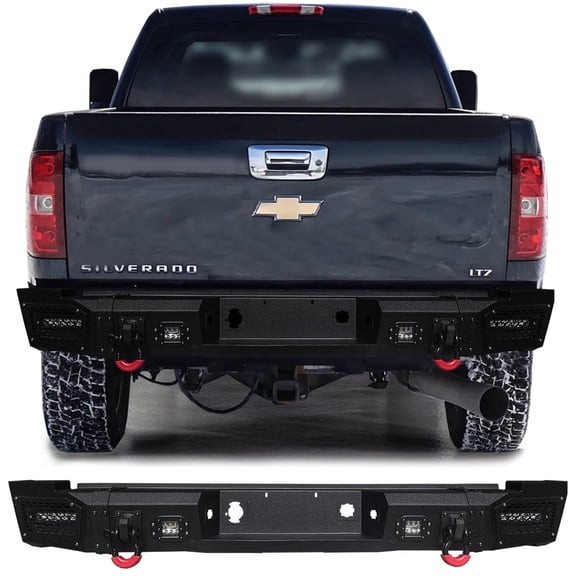 Vijay Compatible with 2007-2008-2009-2010 Chevy Silverado 2500/3500 Rear Bumper Textured Black Steel with Aluminum LED Lights and D-rings