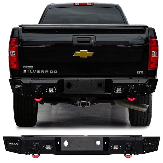 Vijay Compatible with 2007-2008-2009-2010-2011-2012-2013 Chevy Silverado 1500 Rear Bumper Textured Black Steel with Lights and D-rings