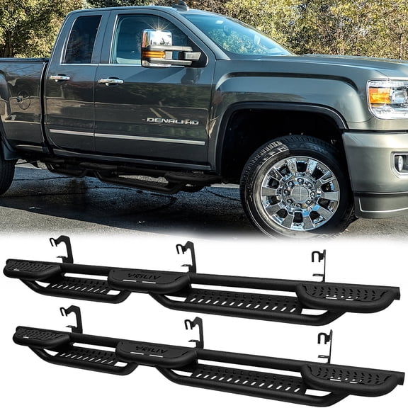 Vijay Running Boards Compatible with 2007-2019 GMC Sierra 2500HD/3500HD Extended Cab/Double Cab A Pair Bolt-on Side Steps Rails Steel Nerf Bars