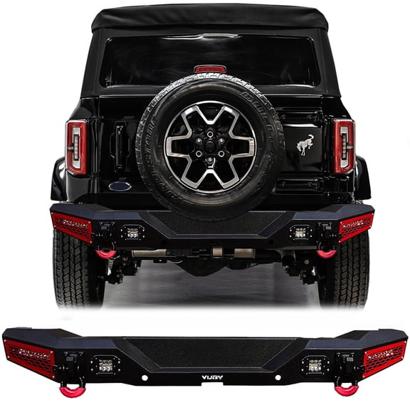 Vijay Compatible with 2021-2022-2023-2024-2025 Ford Bronco Rear Bumper Textured Black Steel with Lights and D-rings