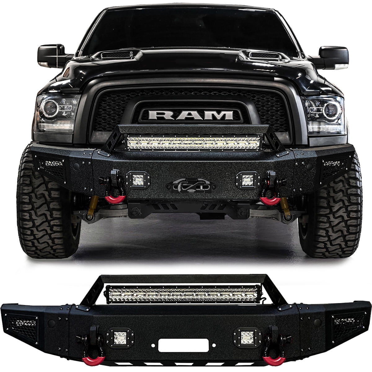 Vijay Compatible with 2015-2016-2017-2018 RAM 1500 Rebel Front Bumper Textured Black Steel with Light and D-ring