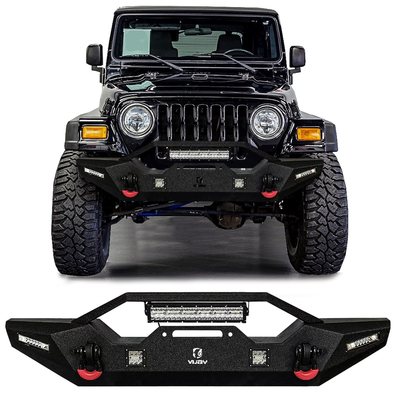 Vijay Compatible with 1997-1998-1999-2000-2001-2002-2003-2004-2005-2006 Jeep Wrangler TJ Front Bumper Textured Black Steel with Light and D-ring