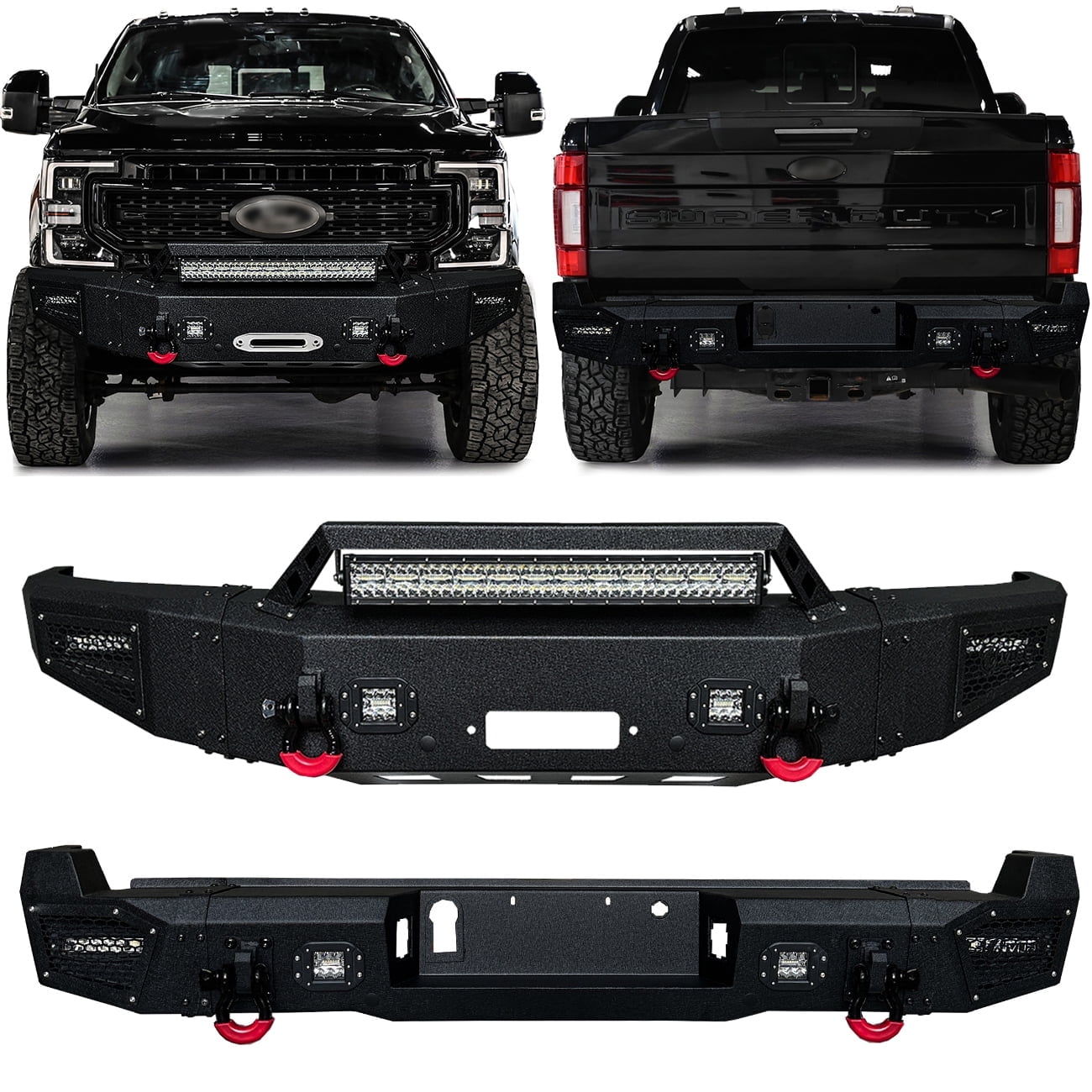 Vijay For 2017-2018-2019-2020-2021-2022 Ford F250/F350/F450 Front and Rear Bumper Textured Black Steel with Light and D-ring