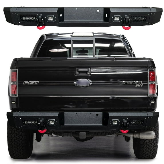 Vijay Rear Bumper Compatible with 2010-2011-2012-2013-2014 Ford F150 Raptor Textured Black Steel with Lights and D-rings