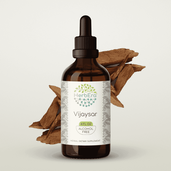 HerbEra Vijaysar Tincture, Herbal Dietary Supplement for Blood Sugar Support, Vijaysar (Indian Kino, Pterocarpus marsupium) Dried Bark Extract, Natural, Alcohol-Free, Drops 4 oz