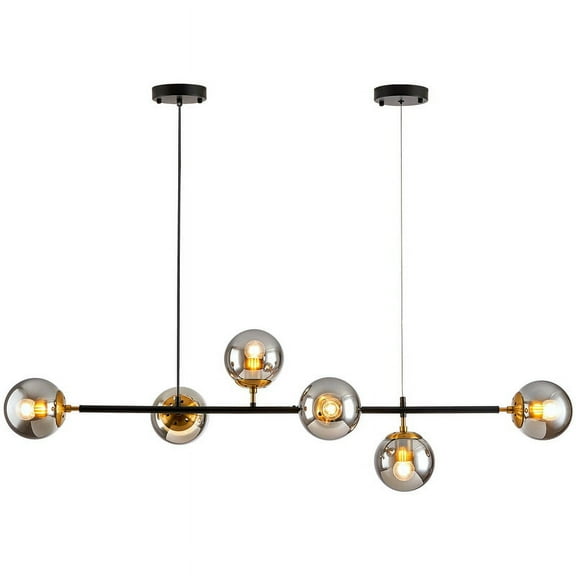 Vikaey Mid Century Modern chandelier Black and Smoke Gray Glass Globe Linear Ceiling Light Fixture 6-Light Adjustable Pendant Light Fixture for Kitchen,Living Room,Dining Room