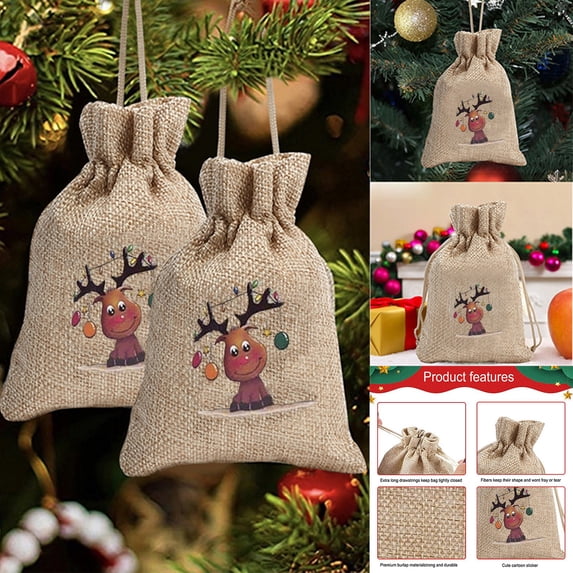 Vikakiooze 2022 Christmas Printed Linen Gift Bag Santa Backpack Candy Bag Apple Bag 1PC