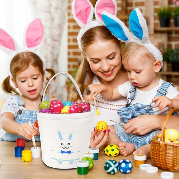 Vikakiooze 2023 Easter Basket Holiday Rabbit Bunny Printed Canvas Gift Carry Candy Bag