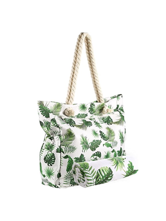 2023 Promotion on sale, Tropical Summer Palm Tree Leaf Large Beach Bag Tote Bags Reusable Grocery Shoulder Bag With Zipper Pocket