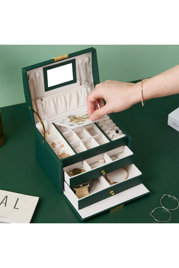 2023 Promotion on sale, Jewelry Box With Lock And Mirror Jewelry Orgzer Storage Case With 3-Layers Display For Earrings Bracelets Rings Watches