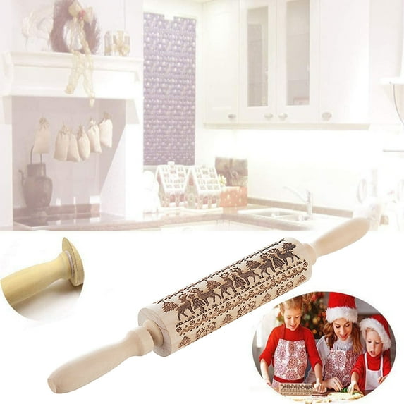 Vikakiooze 2023 under10, Christmas Rolling Pin Engraved Carved Wood Embossed Rolling Pin Kitchen Tool