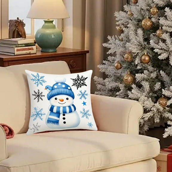 Vikakiooze 45x45cm Blue Christmas Pillow Cover Cute Snowman Super Soft Printed Home Sofa Holiday Decoration Pillow Cover