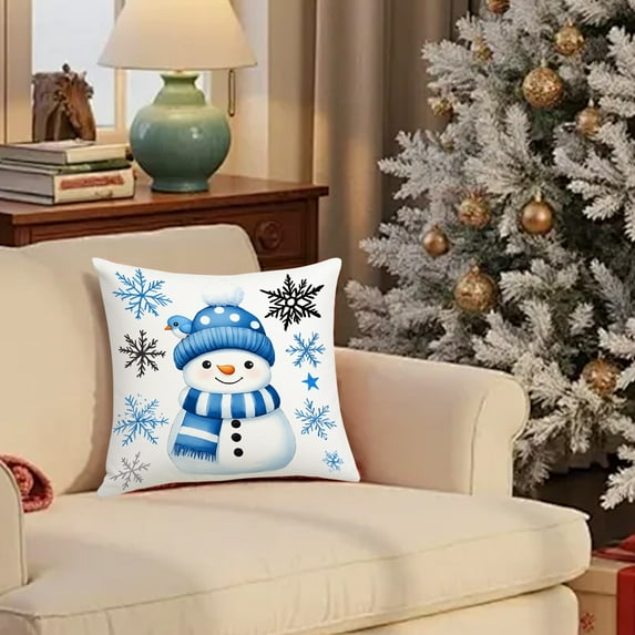 Vikakiooze 45x45cm Blue Christmas Pillow Cover Cute Snowman Super Soft Printed Home Sofa Holiday Decoration Pillow Cover