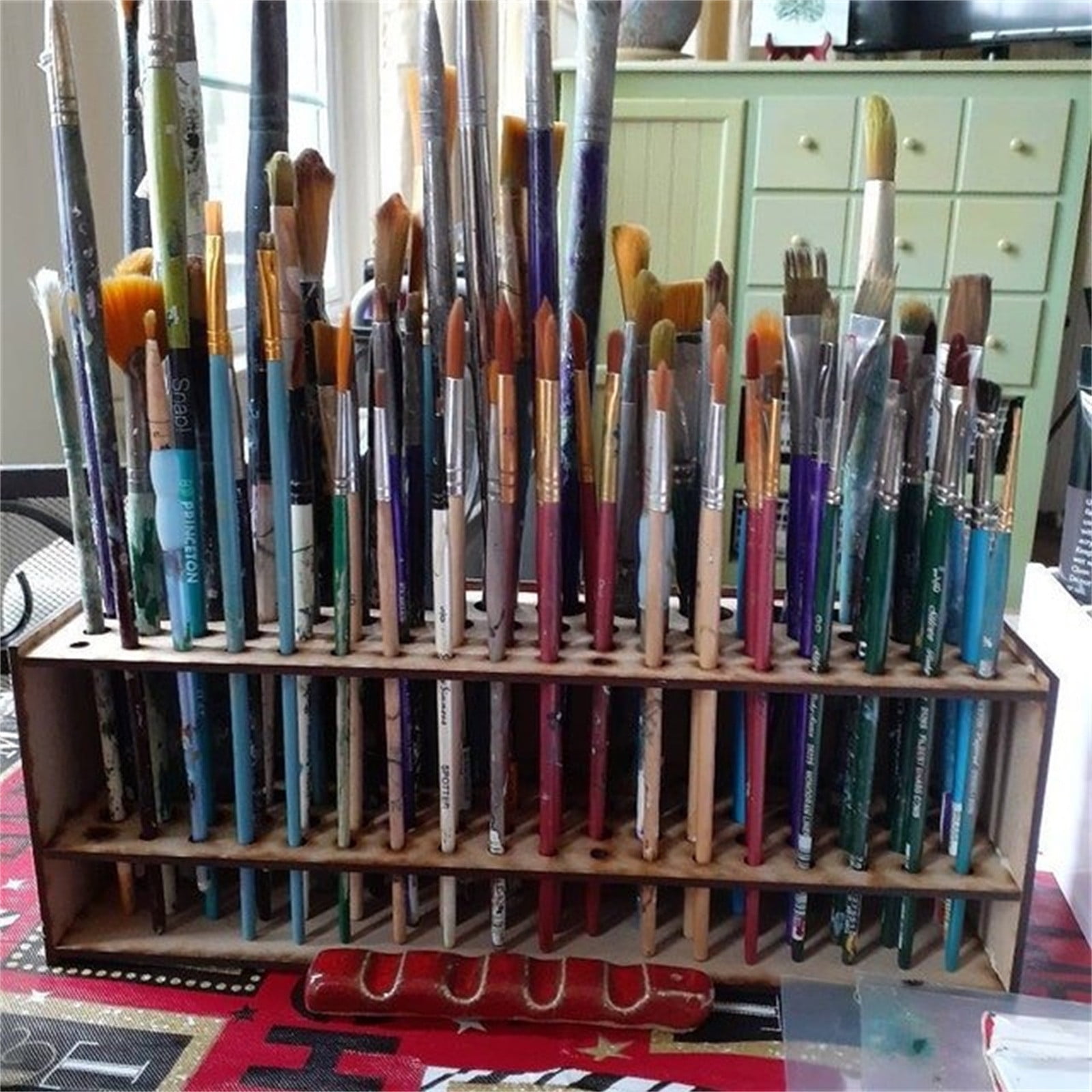 67 Holes Paintbrush Holder Wooden Paint Brush Stand Desk Organizer