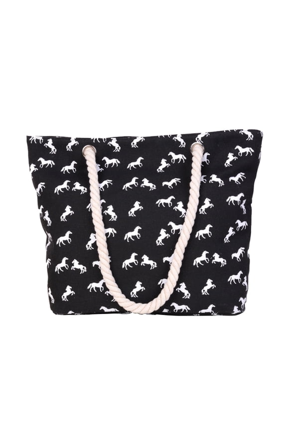 Beach Bag White Print Horse Pattern Summer Large Beach Tote Bag Travel Canvas Handbag Zipper Closure Shoulder Bag
