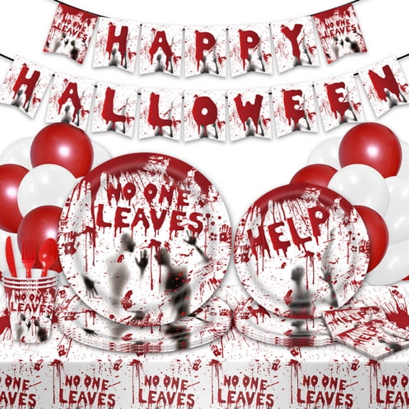 Vikakiooze Bloody Hand Halloween Flag Disposable Theme Party Tableware Set - Plates Napkins Plastic Tablecloths Decorative Banners Must-Have For Horror Theme Party