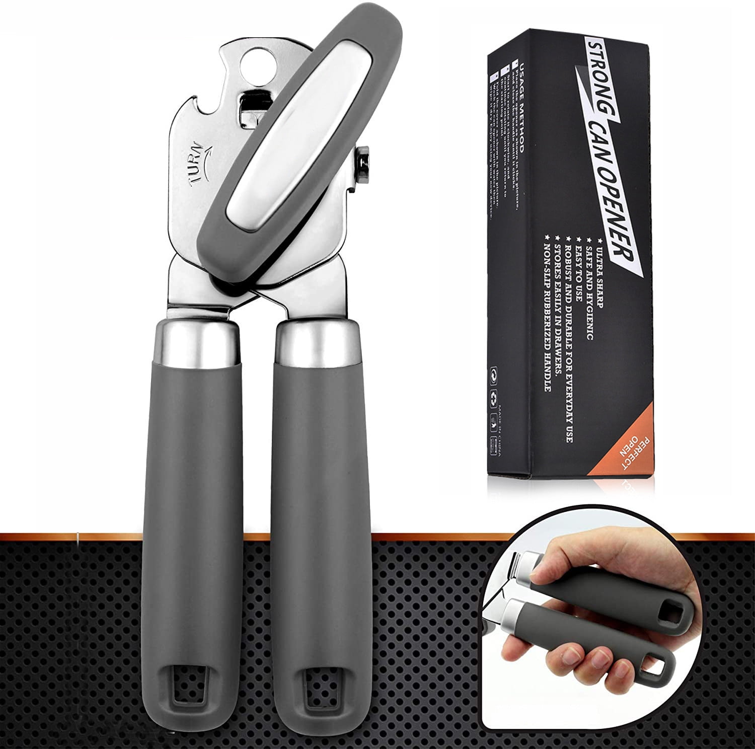 Cheer.us Manual Can Opener, Handheld Comfortable Grip, Oversized Easy Turn Knob, Built in Bottle Opener, Hangs for Convenient Kitchen Storage, Blades