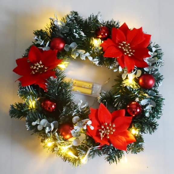 Vikakiooze Home Decor , Pre-lighted Artificial Christmas Wreath, Spruce, White Lights, Decorated With Frosted Balls, Flowers, Christmas ion Wreath, 15.75 Inches