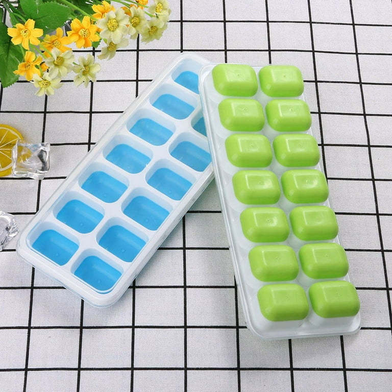 Ice Cube Tray Set With 14 Ice Cubes With Cover Green/ Blue Molds Rubber  Silicone