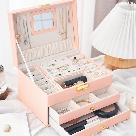 Vikakiooze 2023 Promotion on sale, Jewelry Box With Lock And Mirror Jewelry Orgzer Storage Case With 3-Layers Display For Earrings Bracelets Rings Watches