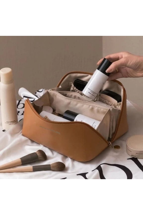 Large Capacity Travel Bag, Multifunctional Storage Bag PU Leather Bag with Handle and Divider Travel Bag for Women Bathroom Organizer,