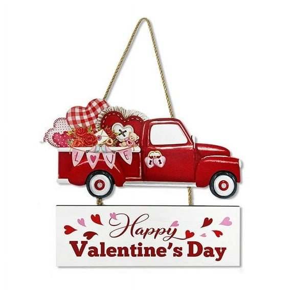 Vikakiooze New Valentine's Day Wooden Sign Heart Red Pickup Truck Door Pendant Wood Art Wall Decoration