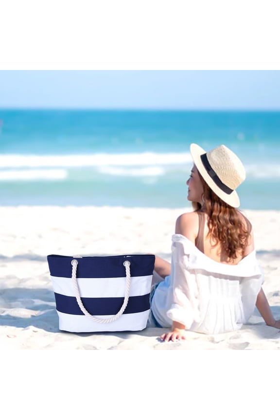 Tropical Summer Striped Beach Bag For Women Tote Bags Reusable Grocery Shoulder Bag With Zipper Pocket