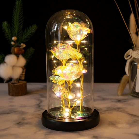 Vikakiooze Valentine's Day Gift Led Night Light 3 Gold Leaf Flower Glass Lampshade Ornaments
