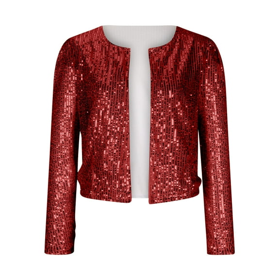 Vikakiooze Women Casual Open Front Sequin Jackets Cardigan Glitter Long Sleeve Short Coats Crop Blazer