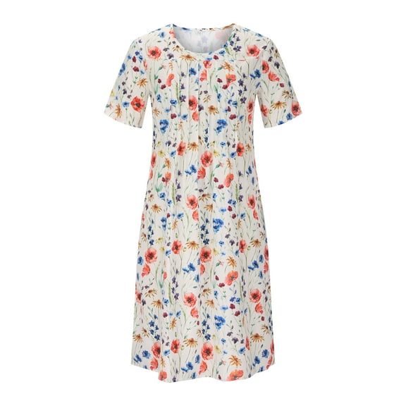 Vikakiooze Women's Summer Casual Round Neck Short Sleeve Folding Floral Printed Dresses