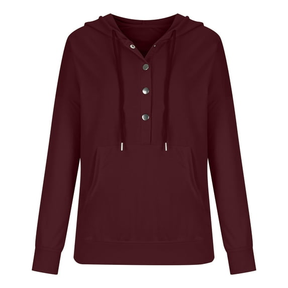 Vikakiooze Womens Casual Hoodies Fall Solid Long Sleeve Sweatshirt Button Down Drawstring Pullover Top Blouse With Pocket