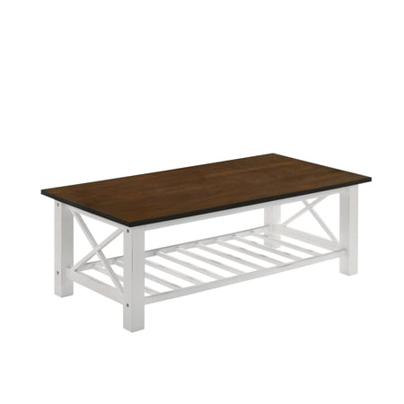 Viki 47 Inch Coffee Table Crossbar Slatted Open Shelf White and Brown