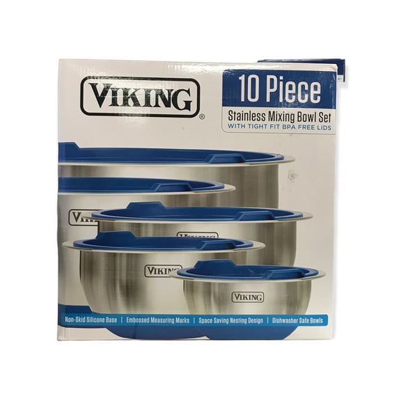 Viking 10-Piece Stainless Steel Mixing, Prep and Serving Bowl Set - Blue