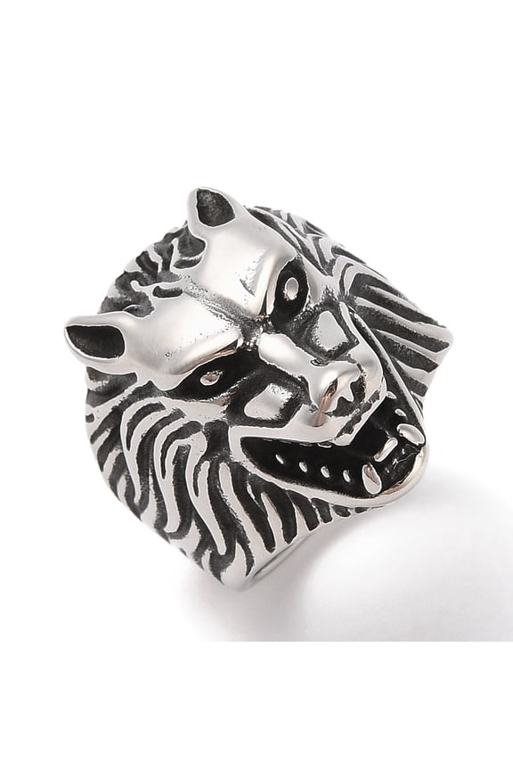 Viking 304 Stainless Steel Wolf Head Wide Finger Rings for Mens Antique Silver 26mm US Size 10(19.8mm) 304 Stainless Steel