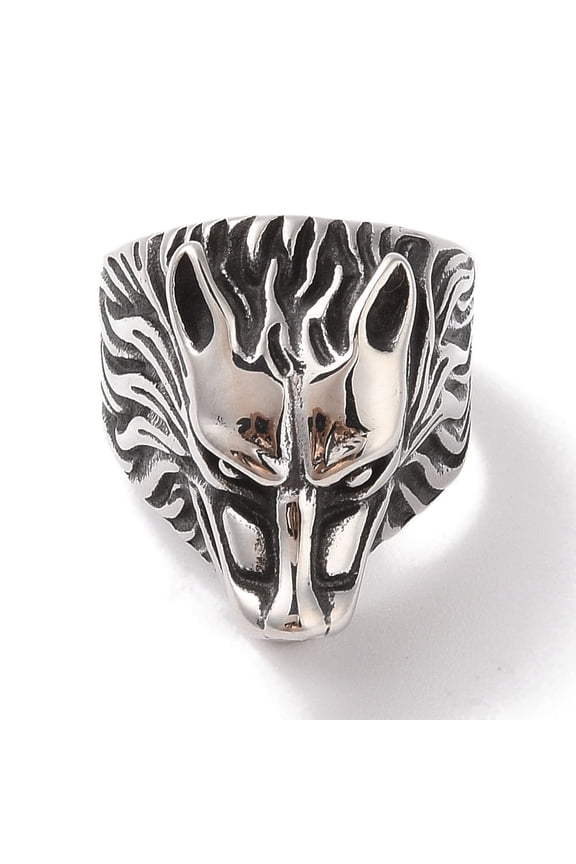 304 Stainless Steel Wolf Head Wide Finger Rings for Mens Silver 26mm US Size 10(19.8mm)
