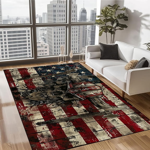 Viking American Pattern Rug - Premium Norse Decor, Viking Rug, Skull and Axe Rug, Non-Slip Washable Kitchen Rug Soft Area Rug for Bathroom Entryway Hallway Dining Living Room