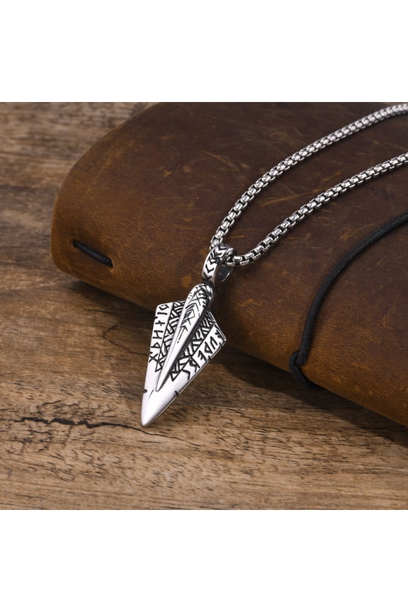 Viking Arrow Head Necklaces for Men, 14K White Gold Spear Head Viking Runes Pendant, Almut Protective Jewelry