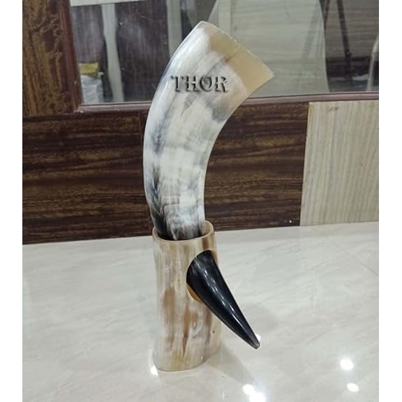 Viking Authentic Handmade African White Drinking Horn | Medieval Drinking Mug with Stand | Viking's Drink Cup | Food Safe Beer Horns 9 to 12 Inches Rustic Vintage Home Decor Gifts
