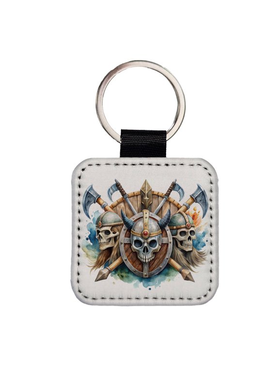 Viking Axes Shields And Skulls Watercolor Faux Leather Square Keychain