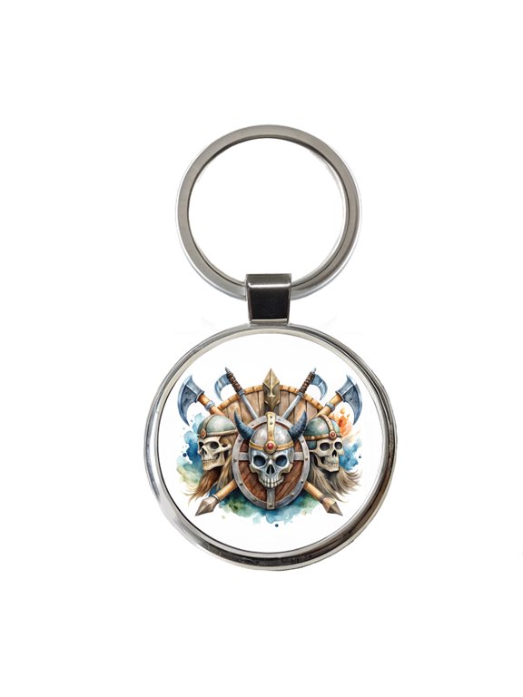 Viking Axes Shields And Skulls Watercolor Metal Round Keychain