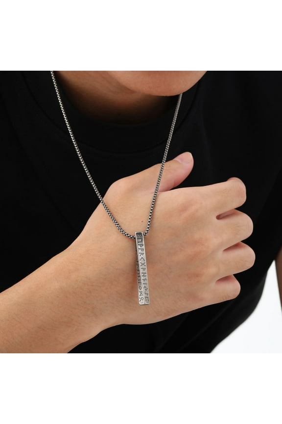 Viking Bar Necklace for Men, Cool Vintage Grey Viking 24 Runes Stainless Steel Necklace for Him