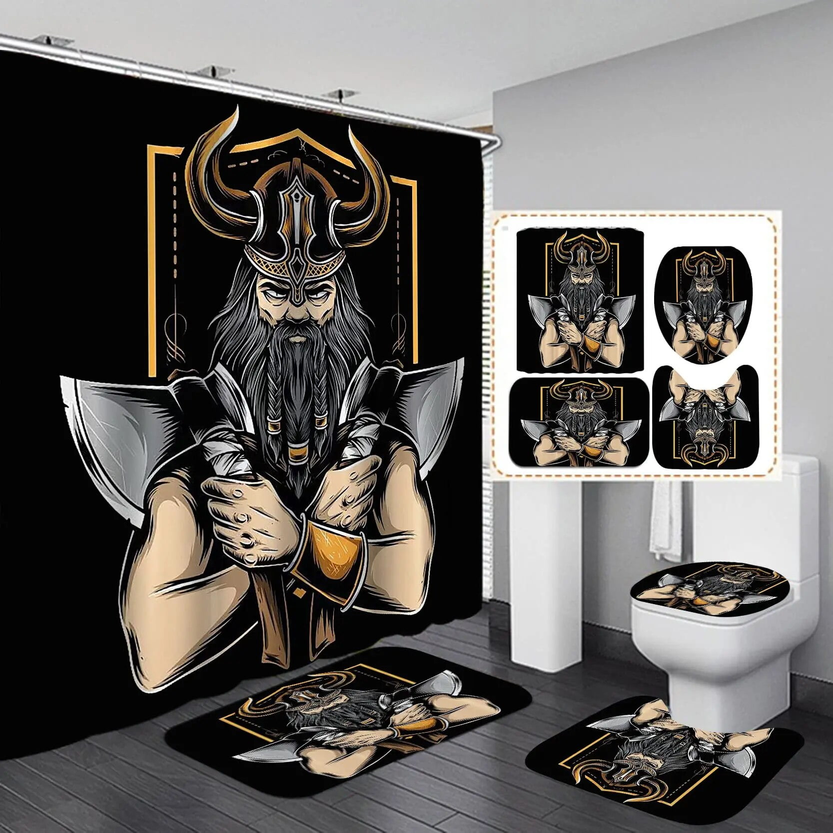 Viking Bathroom Shower Curtain Set Ancient Scandinavian Vegvisir Tree