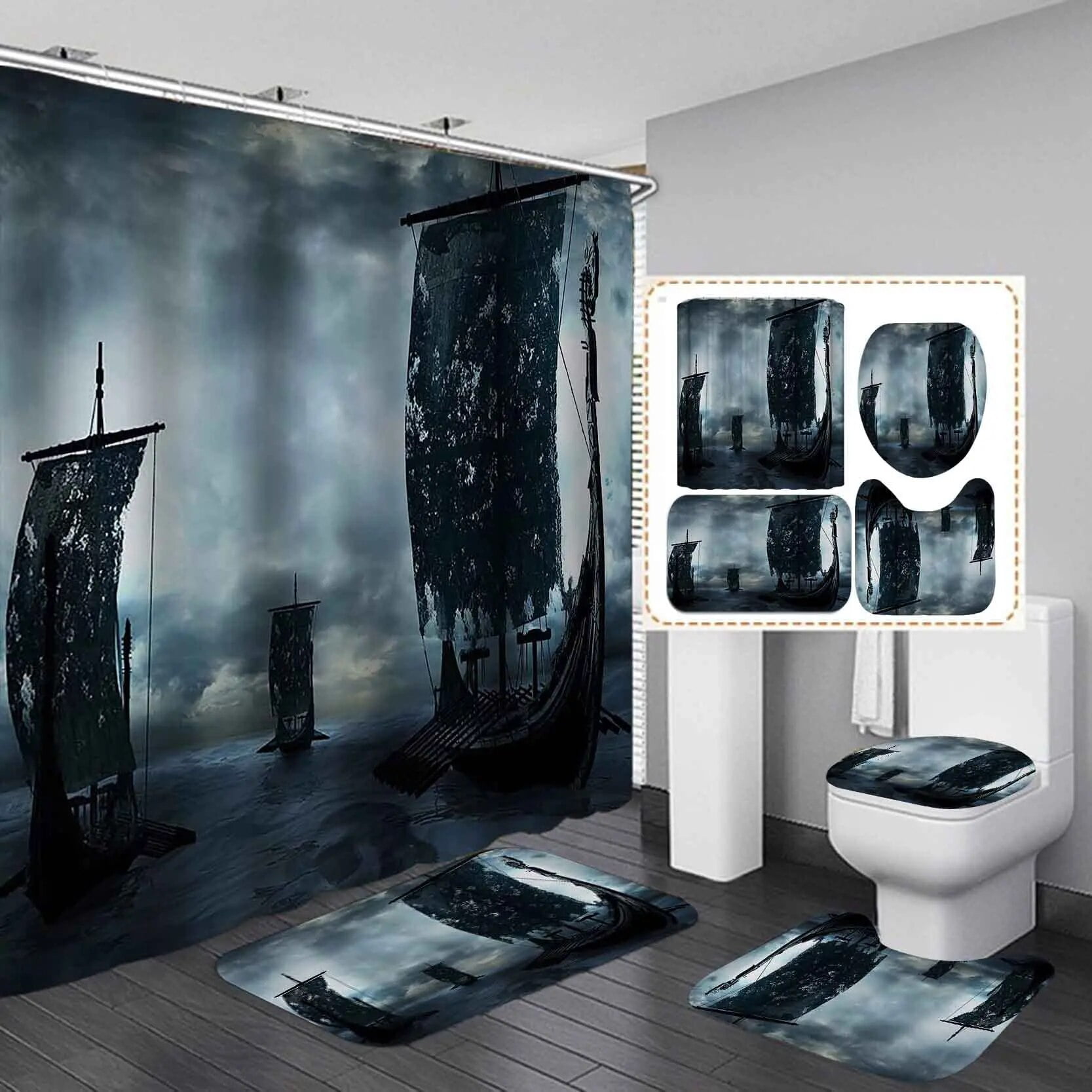 Viking Bathroom Shower Curtain Set Ancient Scandinavian Vegvisir Tree