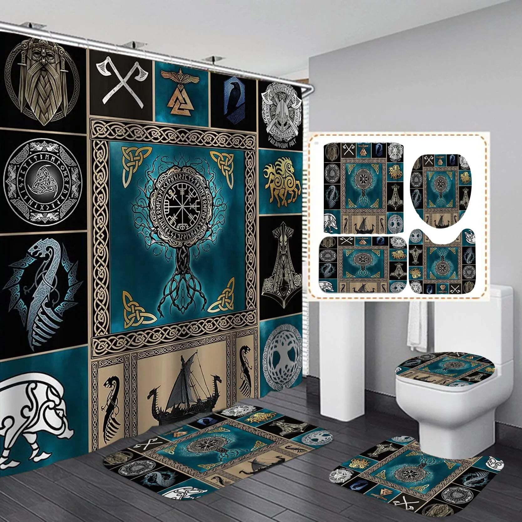 Viking Bathroom Shower Curtain Set Ancient Scandinavian Vegvisir Tree